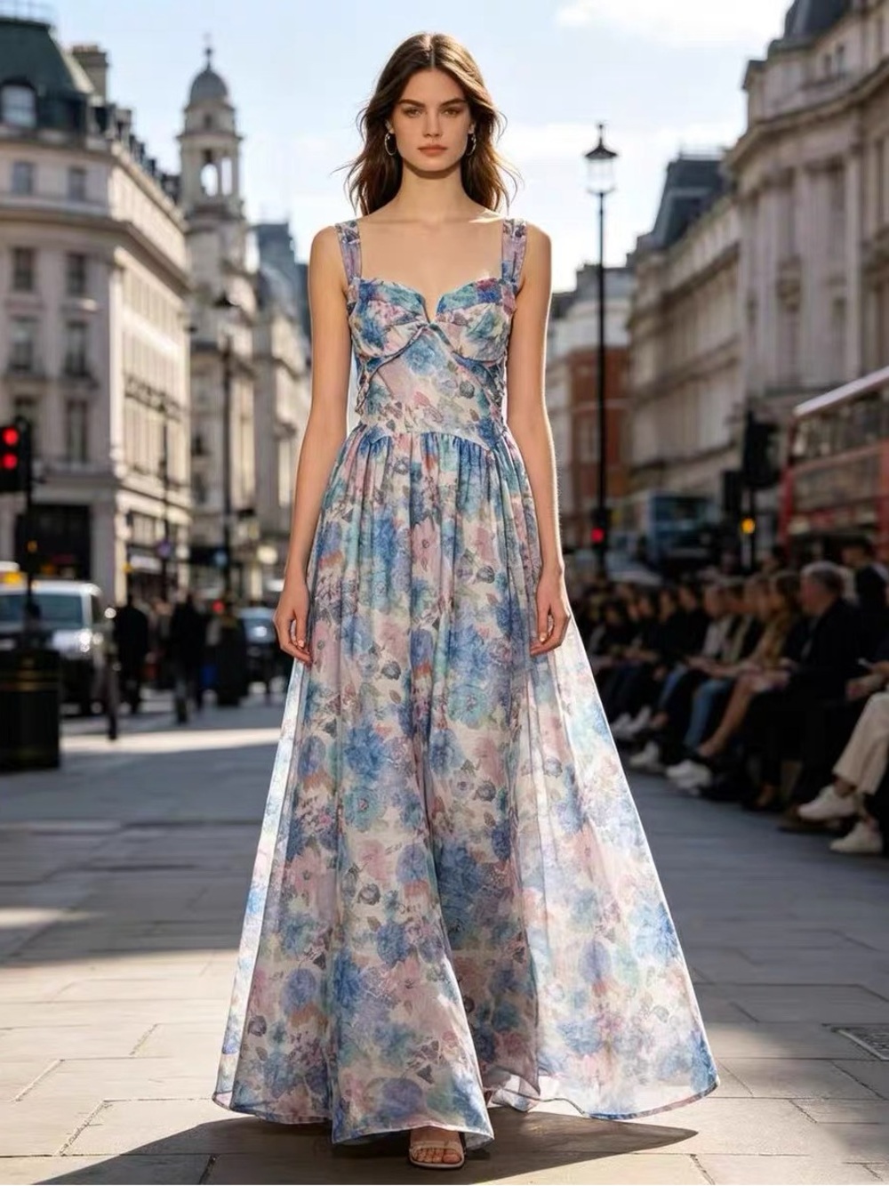 Designer-style  Floral Fit-and-Flare Midi Dress - Blue, Lavender & Cream
